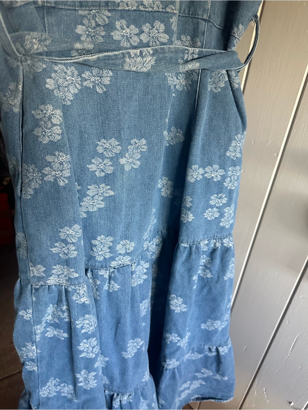 Solitaire Floral Denim Midi Dress Denim Floral Button-Front Dress with Waist Tie - Picture 7 of 13